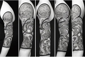 Arm sleeve with elements of Space, an octopus, Atlanta Braves and UCF tattoo idea
