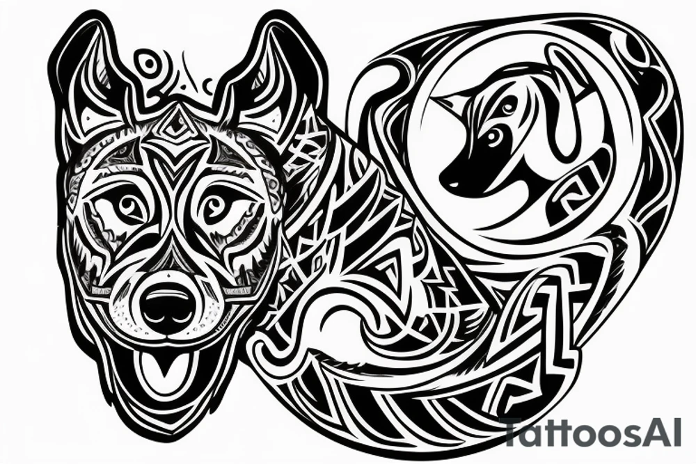 A  side profile of dachshund made entirely of norse symbols with a wolf inside tattoo idea