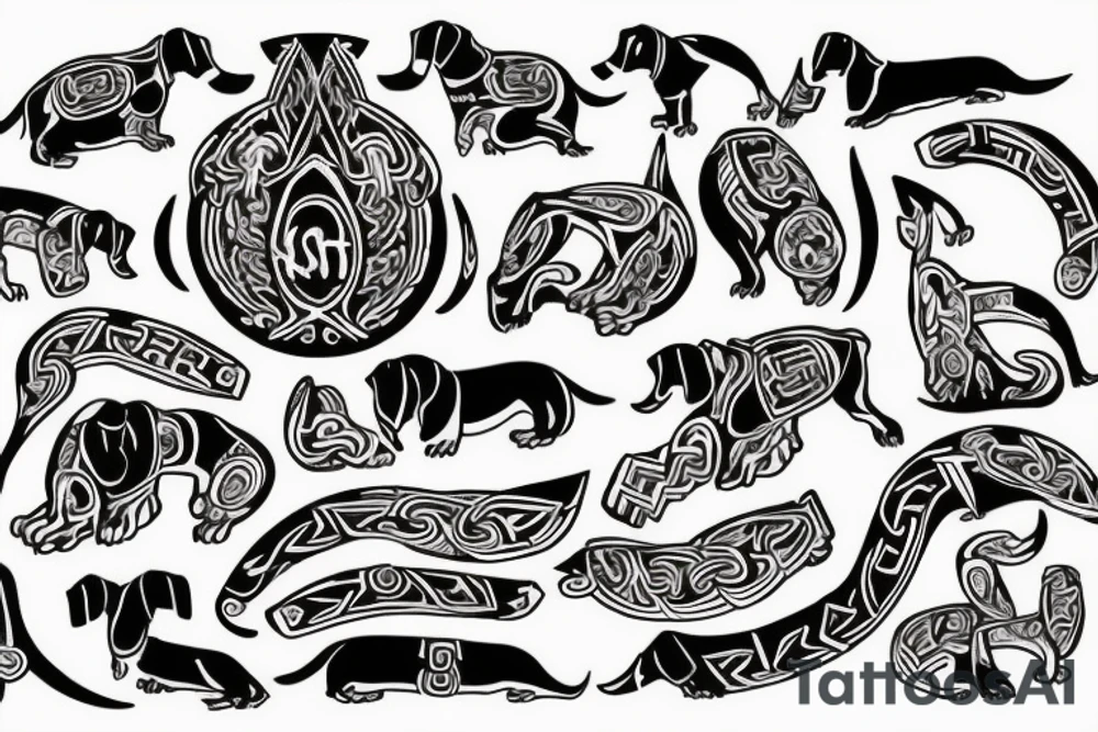 A  side profile of dachshund made entirely of norse symbols tattoo idea