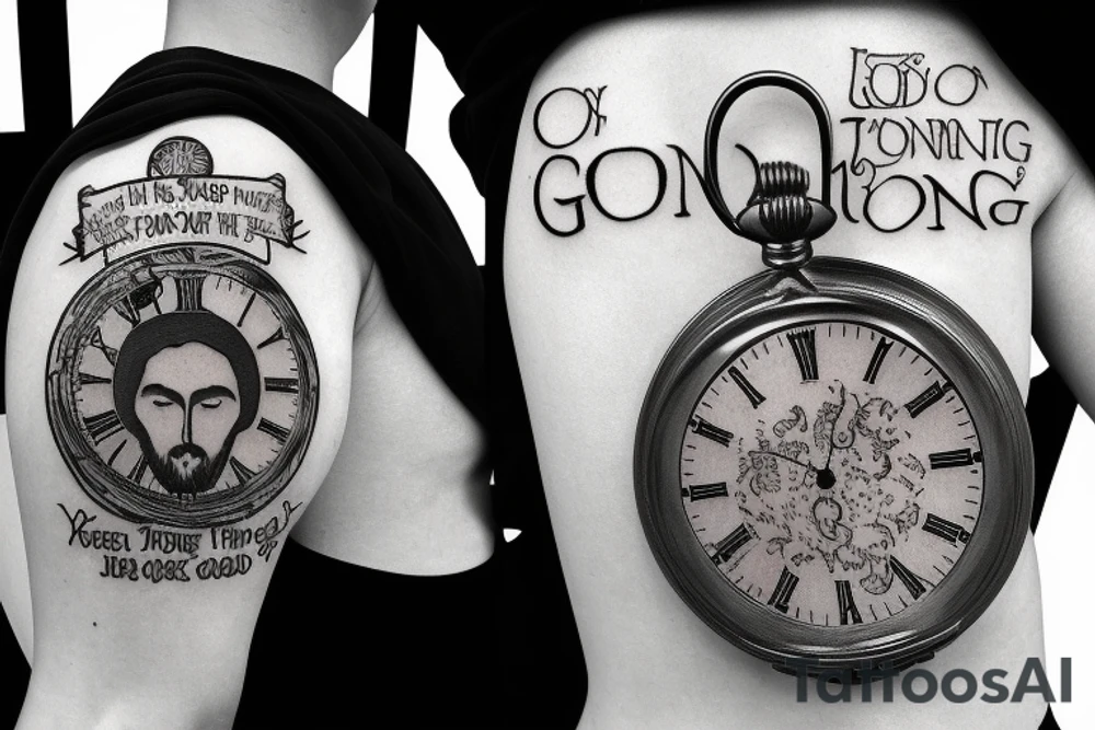 Old school pocket watch with Jesus face and quote saying “On Gods timing” tattoo idea