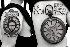 Old school pocket watch with Jesus face and quote saying “On Gods timing” tattoo idea
