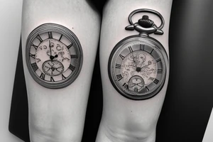 Old school pocket watch with Jesus face and quote saying “On Gods timing” tattoo idea