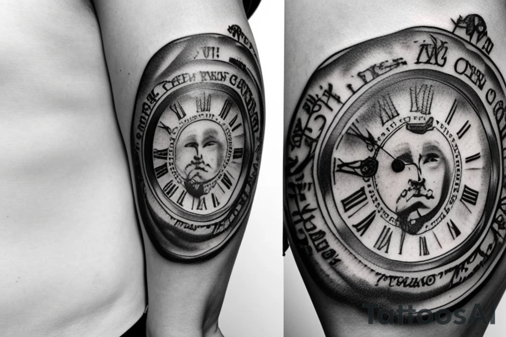 Old school pocket watch with Jesus face and quote saying “On Gods timing” tattoo idea