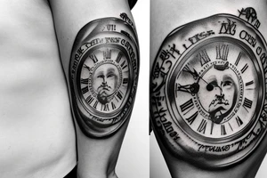 Old school pocket watch with Jesus face and quote saying “On Gods timing” tattoo idea