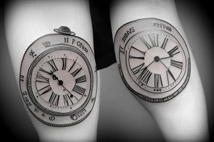 Old school pocket watch with Jesus face and quote saying “On Gods timing” tattoo idea