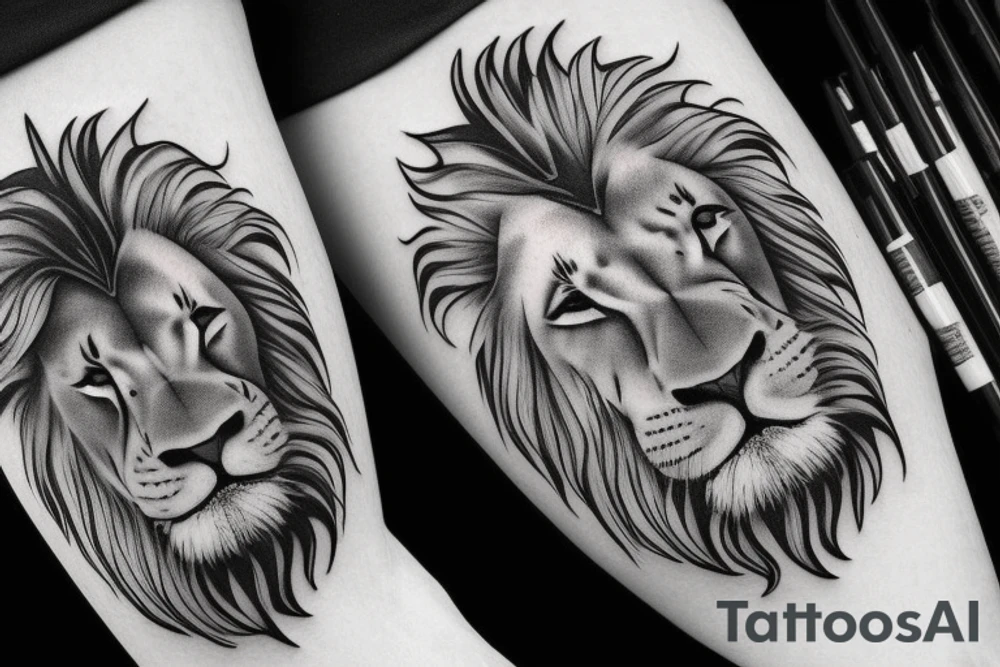 a Lion face that seems a little sad,
 in his left eye need to be the number 20
and the right eye need to be the number 17 tattoo idea