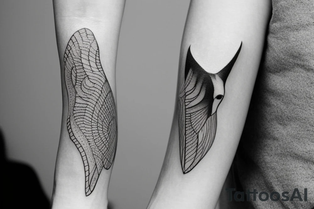 Imagine a minimalist fine-lined tattoo combining a manta ray and an eagle. The manta ray extends along your wrist, its wings delicately depicted for freedom and skill. Within the ray, an eagle's outline emerges - its claws and beak symbolizing strength, dominance, and courage. This fusion represents grace and power, femininity and warrior spirit. tattoo idea