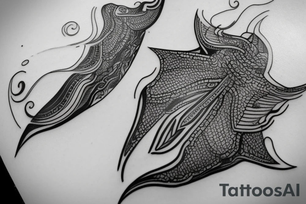Imagine a minimalist fine-lined tattoo combining a manta ray and an eagle. The manta ray extends along your wrist, its wings delicately depicted for freedom and skill. Within the ray, an eagle's outline emerges - its claws and beak symbolizing strength, dominance, and courage. This fusion represents grace and power, femininity and warrior spirit. tattoo idea