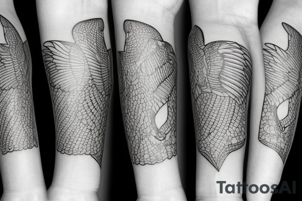 Imagine a minimalist fine-lined tattoo combining a manta ray and an eagle. The manta ray extends along your wrist, its wings delicately depicted for freedom and skill. Within the ray, an eagle's outline emerges - its claws and beak symbolizing strength, dominance, and courage. This fusion represents grace and power, femininity and warrior spirit. tattoo idea