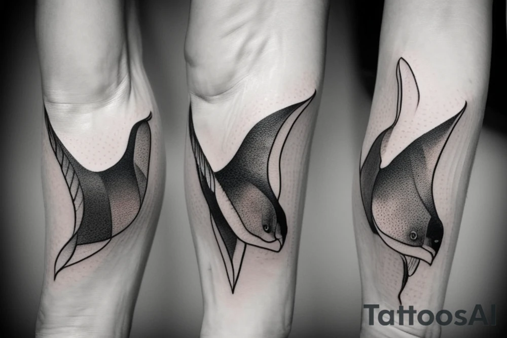 Imagine a minimalist fine-lined tattoo combining a manta ray and an eagle. The manta ray extends along your wrist, its wings delicately depicted for freedom and skill. Within the ray, an eagle's outline emerges - its claws and beak symbolizing strength, dominance, and courage. This fusion represents grace and power, femininity and warrior spirit. tattoo idea