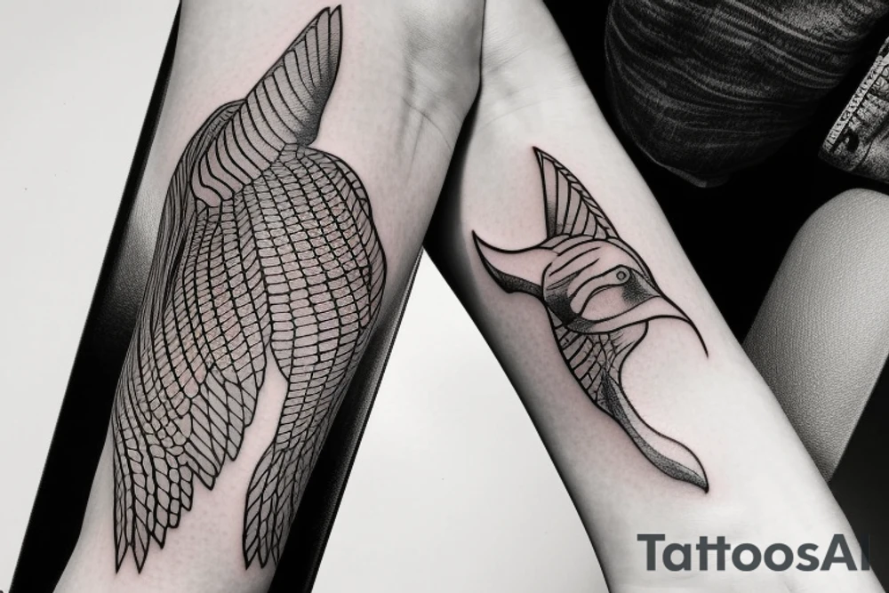 Imagine a minimalist fine-lined tattoo combining a manta ray and an eagle. The manta ray extends along your wrist, its wings delicately depicted for freedom and skill. Within the ray, an eagle's outline emerges - its claws and beak symbolizing strength, dominance, and courage. This fusion represents grace and power, femininity and warrior spirit. tattoo idea