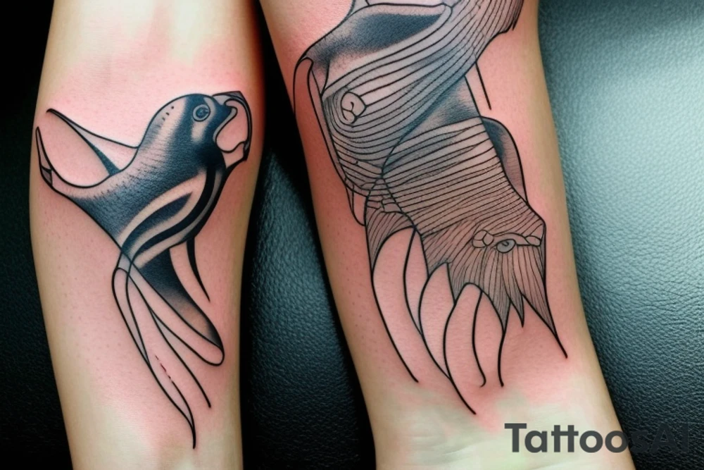 Imagine a minimalist fine-lined tattoo combining a manta ray and an eagle. The manta ray extends along your wrist, its wings delicately depicted for freedom and skill. Within the ray, an eagle's outline emerges - its claws and beak symbolizing strength, dominance, and courage. This fusion represents grace and power, femininity and warrior spirit. tattoo idea