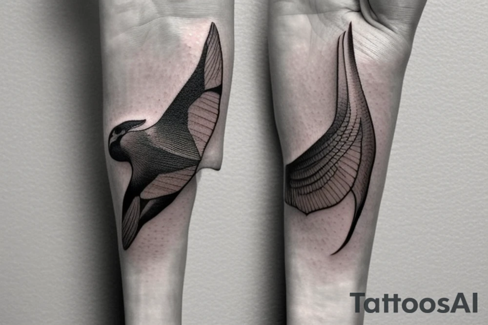 Imagine a minimalist fine-lined tattoo combining a manta ray and an eagle. The manta ray extends along your wrist, its wings delicately depicted for freedom and skill. Within the ray, an eagle's outline emerges - its claws and beak symbolizing strength, dominance, and courage. This fusion represents grace and power, femininity and warrior spirit . tattoo idea