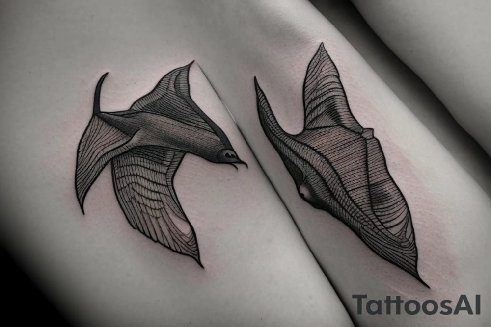 Imagine a small minimalist fine-lined tattoo combining a manta ray and an eagle. The manta ray extends along your wrist, its wings delicately depicted for freedom and skill. Within the ray, an eagle's outline emerges - its claws and beak symbolizing strength, dominance, and courage. This fusion represents grace and power, femininity and warrior spirit . tattoo idea