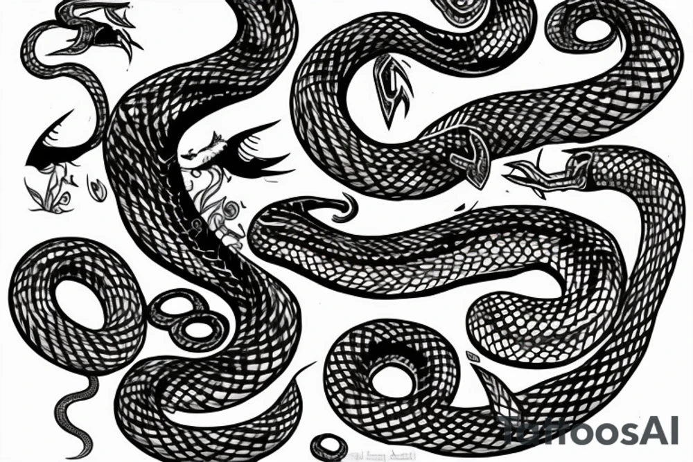 Serpent allongé en vertical, passant à travers une demi lune tattoo idea