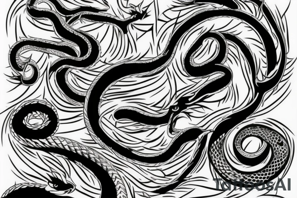 Serpent allongé en vertical, passant à travers une demi lune tattoo idea