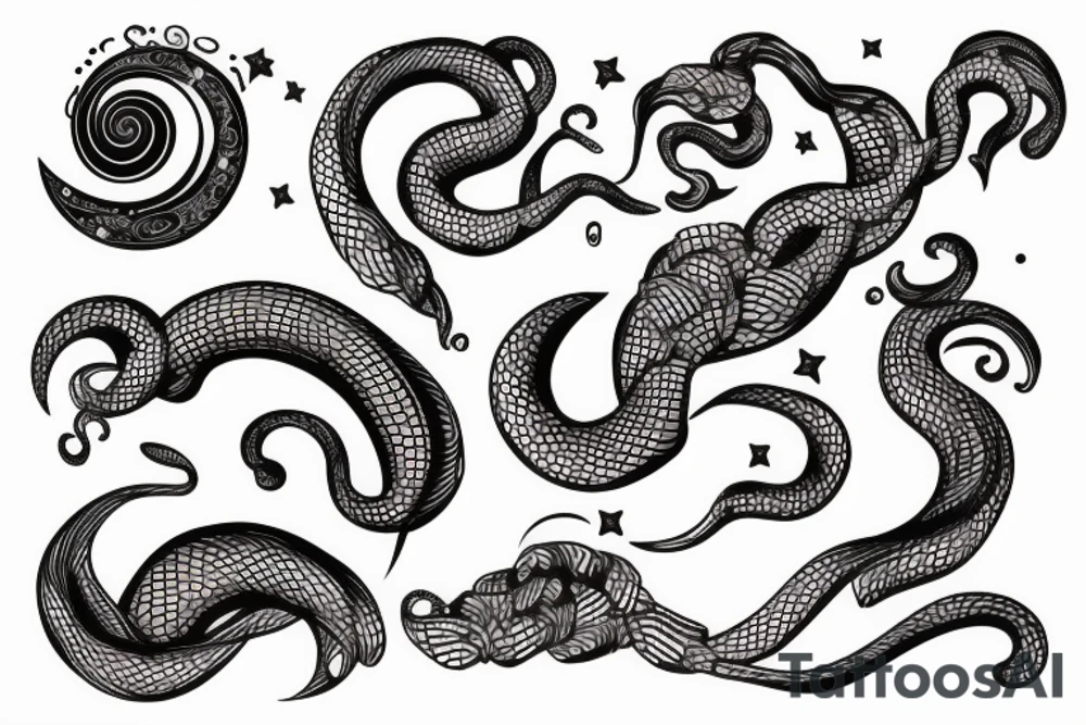 Snake with flowers and moon tattoo idea