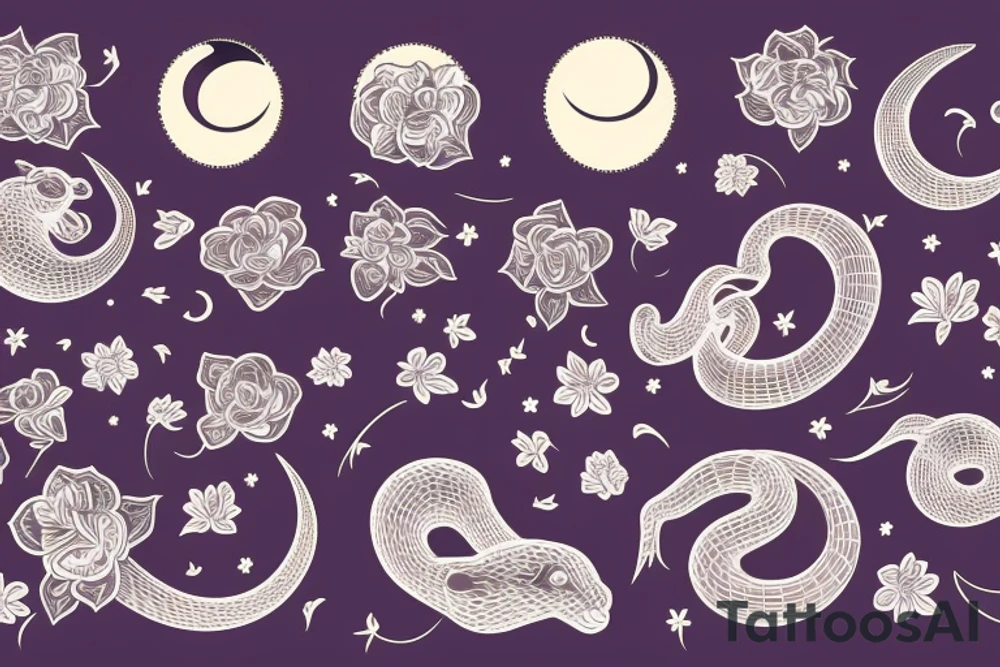 Snake with flowers and moon tattoo idea