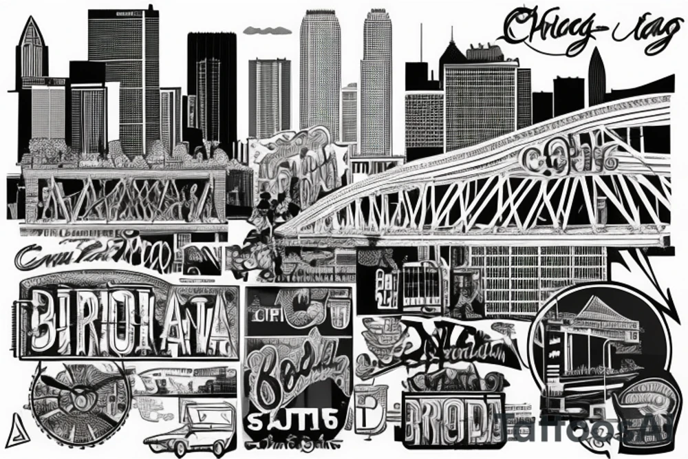 Mural of Atlanta connecting to a mural of Chicago through a bridge tattoo idea