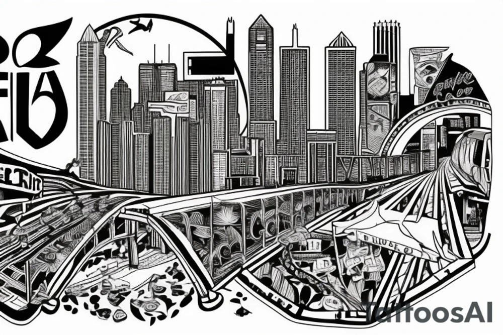 Mural of Atlanta connecting to a mural of Chicago through a bridge tattoo idea