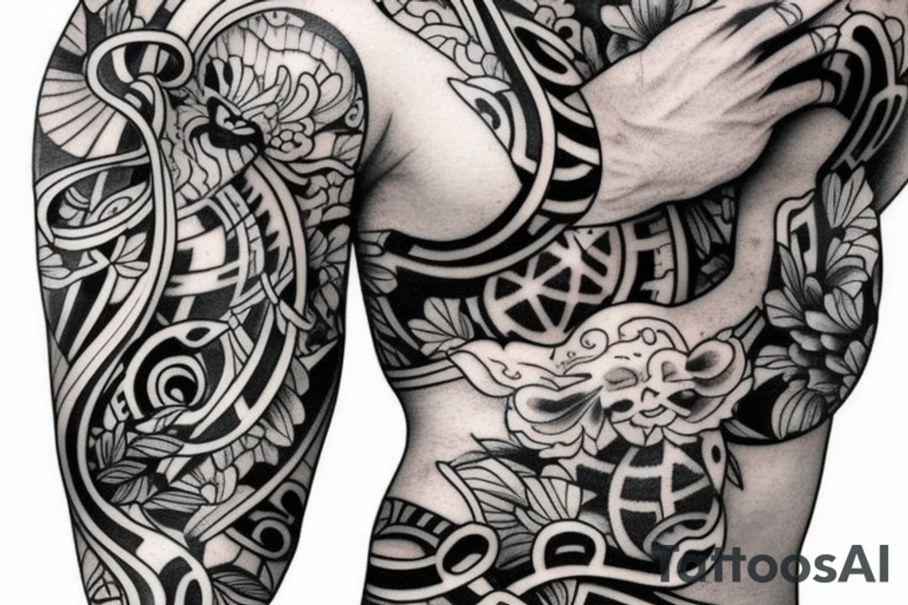 I want a rectangular box tattoo in a japanese style that should fit the upper arm. I want it in black and white. It should have a center piece that represents life. Above that I want something that represents "heaven" und below the center peace there should be something that represents "death". tattoo idea