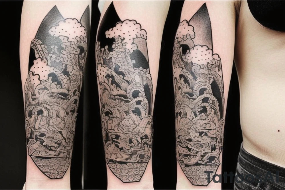 I want a rectangular box tattoo in a japanese style that should fit the upper arm. I want it in black and white. It should have a center piece that represents life. Above that I want something that represents "heaven" und below the center peace there should be something that represents "death". tattoo idea