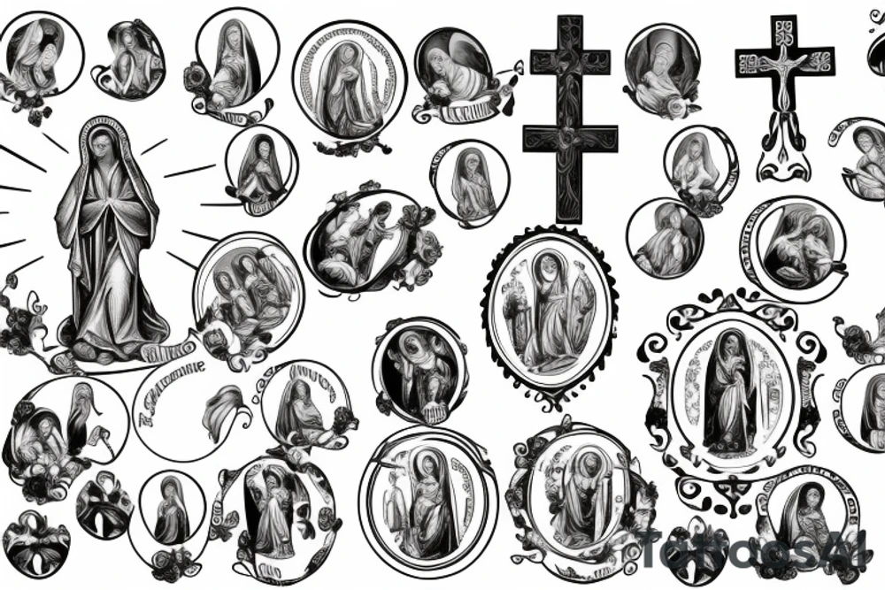 Crosses with Virgin Mary and saint charbell surrounded by ring to fill in design tattoo idea