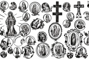 Crosses with Virgin Mary and saint charbell surrounded by ring to fill in design tattoo idea
