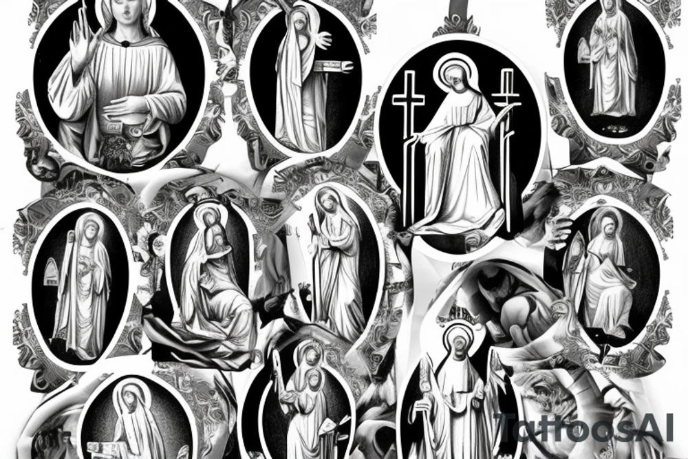 Crosses with Virgin Mary and saint charbell surrounded by ring to fill in design tattoo idea