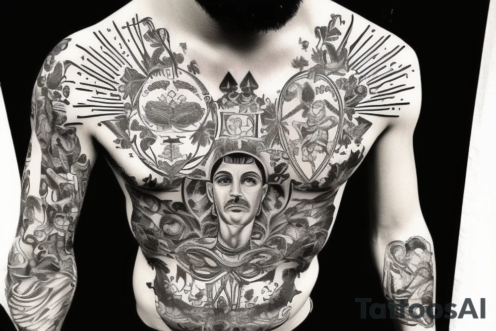 Saint charbell surrounded by pattern on chest tattoo idea Saint charbell surrounded by pattern on chest tattoo idea