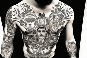 Saint charbell surrounded by pattern on chest tattoo idea