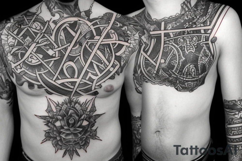 Saint charbell surrounded by pattern on chest tattoo idea