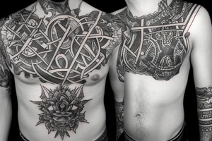 Saint charbell surrounded by pattern on chest tattoo idea