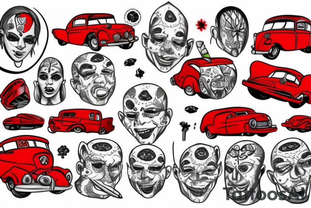 Red car with funny head tattoo idea