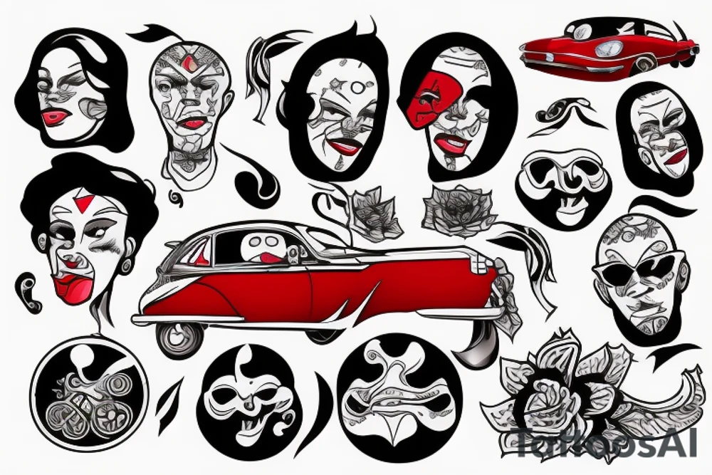 Red car with funny head tattoo idea