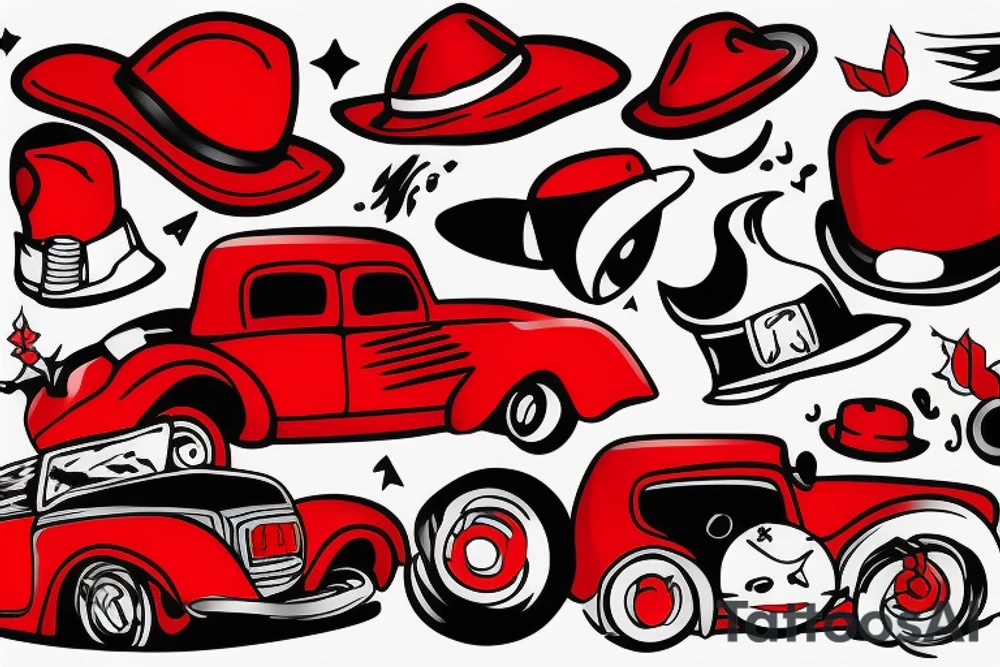 Red car with funny hat tattoo idea