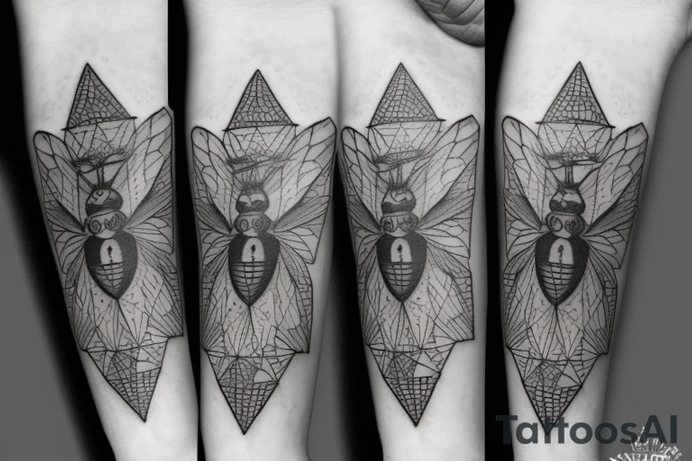 A geometric alchemy tattoo withba realistic bee tattoo idea