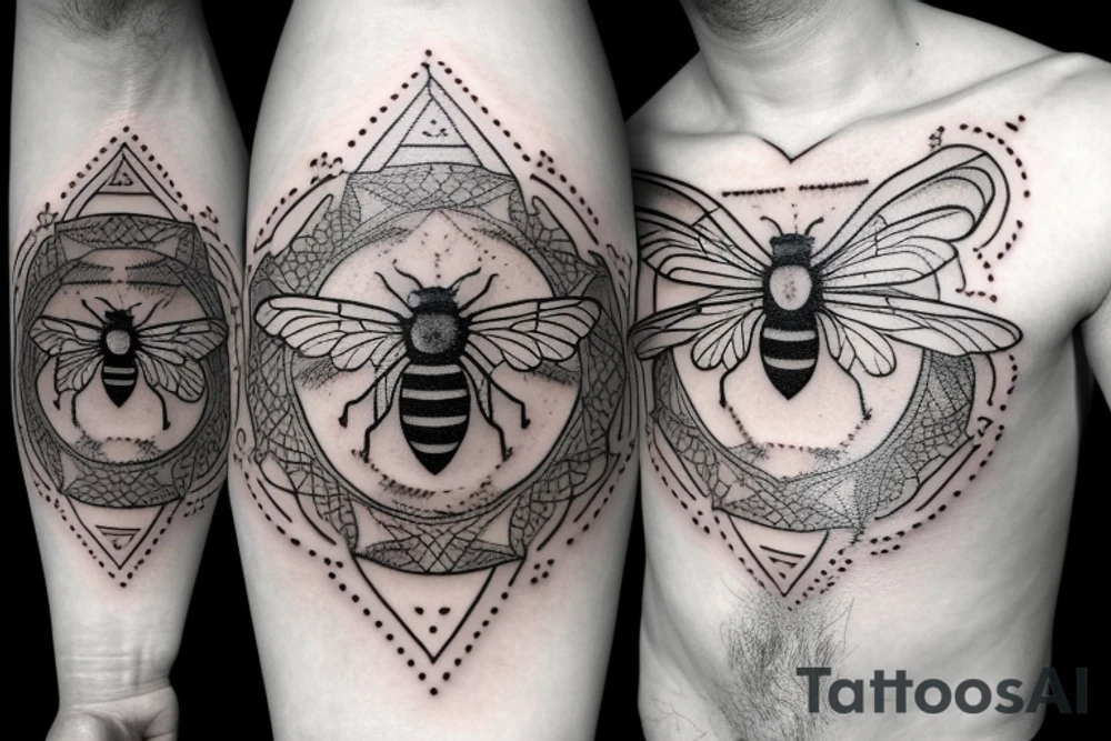 A geometric alchemy tattoo withba realistic bee tattoo idea
