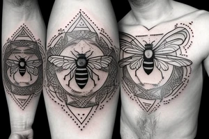A geometric alchemy tattoo withba realistic bee tattoo idea
