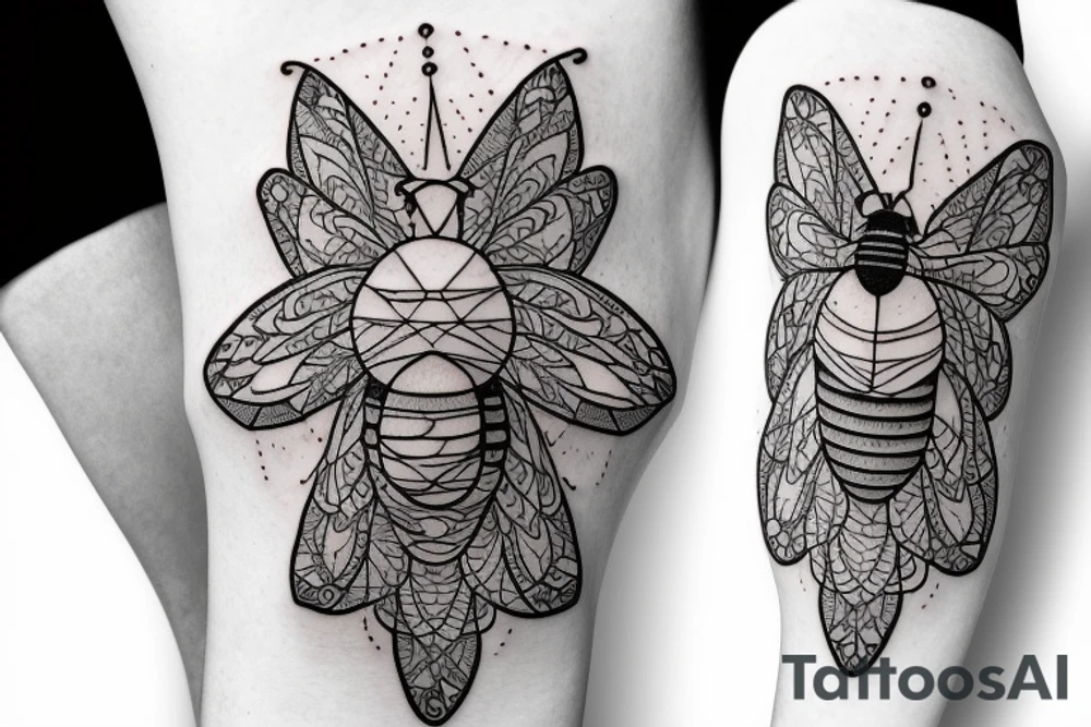 A geometric alchemy and realistic bee tattoo idea
