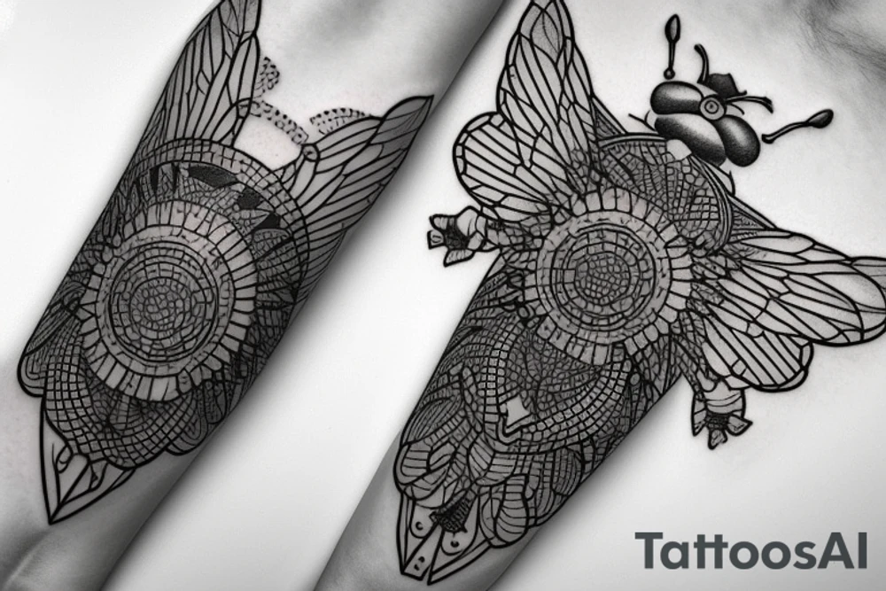A geometric alchemy and realistic bee tattoo idea