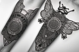 A geometric alchemy and realistic bee tattoo idea