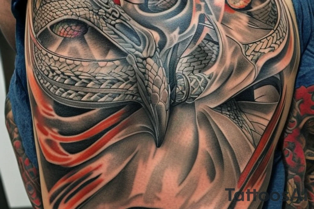 Das Hauptelement des Tattoos ist ein detailliertes Vikingerschiff, das im Zentrum der Vorlage platziert ist. Das Schiff sollte stilisiert sein, mit geschwungenen Linien und Drachenköpfen am Bug. Es kann von Wellen umgeben sein, um eine gewisse Dynamik zu vermitteln.
Über dem Vikingerschiff befindet sich das Aegishjalmur-Symbol, auch bekannt als "Helm der Awe". Es ist ein kreisförmiges Symbol mit verzweigten Linien und Runen. Es sollte über dem Schiff schweben und einen starken, schützenden Eindruck vermitteln.
Darüber schwebt der Mjölnir, der Hammer des nordischen Gottes Thor. Der Mjölnir sollte kraftvoll und detailliert dargestellt werden, mit gravierten Runen oder Knotenmustern, um ihm zusätzliche Bedeutung zu verleihen.
Unterhalb des Vikingerschiffs und der Aegishjalmur-Symbolik befindet sich der Vegvisir, ein altes nordisches Kompasssymbol. Der Vegvisir sollte rund sein, mit verschiedenen ineinander verschachtelten Symbolen und Runen. Es soll eine Art Führung und Orientierung repräsentieren.
An den Seiten des Tattoos können stilisierte Zweige des Yggdrasil-Baums verlaufen, der die neun Welten der nordischen Mythologie verbindet. Die Zweige können miteinander verwoben sein und können zusätzliche Elemente wie Raben oder andere Tiere enthalten.
Schließlich kann das Wort "Wyrd" in stilisierter nordischer Schrift unterhalb des Tattoos platziert werden. "Wyrd" steht für das Schicksal oder den Verlauf des Lebens und symbolisiert den Glauben an das Schicksal in der nordischen Mythologie. tattoo idea