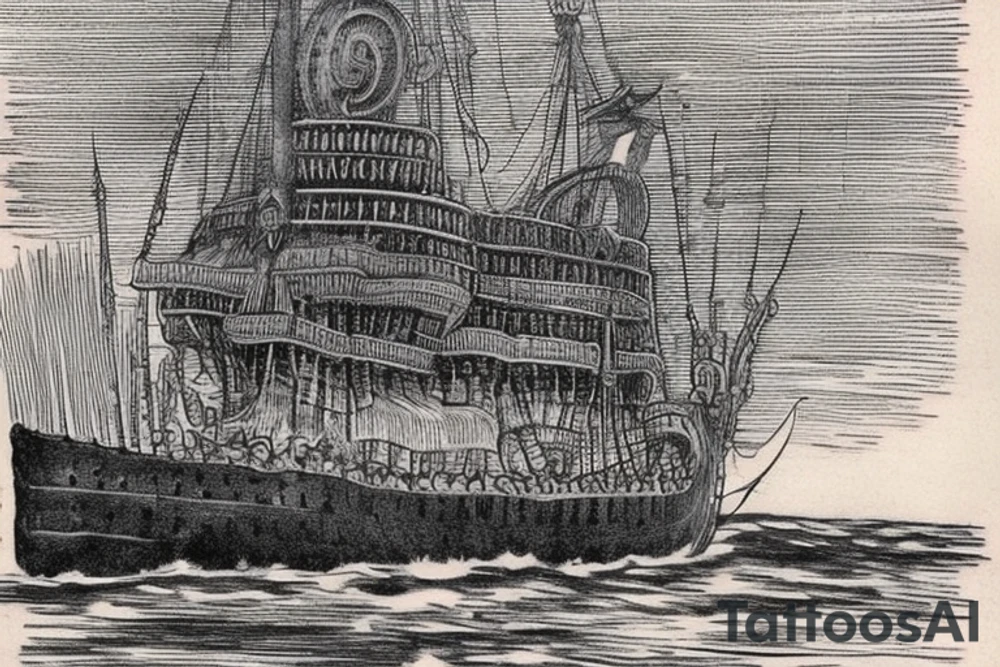 Das Hauptelement des Tattoos ist ein detailliertes Vikingerschiff, das im Zentrum der Vorlage platziert ist. Das Schiff sollte stilisiert sein, mit geschwungenen Linien und Drachenköpfen am Bug. Es kann von Wellen umgeben sein, um eine gewisse Dynamik zu vermitteln.
Über dem Vikingerschiff befindet sich das Aegishjalmur-Symbol, auch bekannt als "Helm der Awe". Es ist ein kreisförmiges Symbol mit verzweigten Linien und Runen. Es sollte über dem Schiff schweben und einen starken, schützenden Eindruck vermitteln.
Darüber schwebt der Mjölnir, der Hammer des nordischen Gottes Thor. Der Mjölnir sollte kraftvoll und detailliert dargestellt werden, mit gravierten Runen oder Knotenmustern, um ihm zusätzliche Bedeutung zu verleihen.
Unterhalb des Vikingerschiffs und der Aegishjalmur-Symbolik befindet sich der Vegvisir, ein altes nordisches Kompasssymbol. Der Vegvisir sollte rund sein, mit verschiedenen ineinander verschachtelten Symbolen und Runen. Es soll eine Art Führung und Orientierung repräsentieren.
An den Seiten des Tattoos können stilisierte Zweige des Yggdrasil-Baums verlaufen, der die neun Welten der nordischen Mythologie verbindet. Die Zweige können miteinander verwoben sein und können zusätzliche Elemente wie Raben oder andere Tiere enthalten.
Schließlich kann das Wort "Wyrd" in stilisierter nordischer Schrift unterhalb des Tattoos platziert werden. "Wyrd" steht für das Schicksal oder den Verlauf des Lebens und symbolisiert den Glauben an das Schicksal in der nordischen Mythologie. tattoo idea