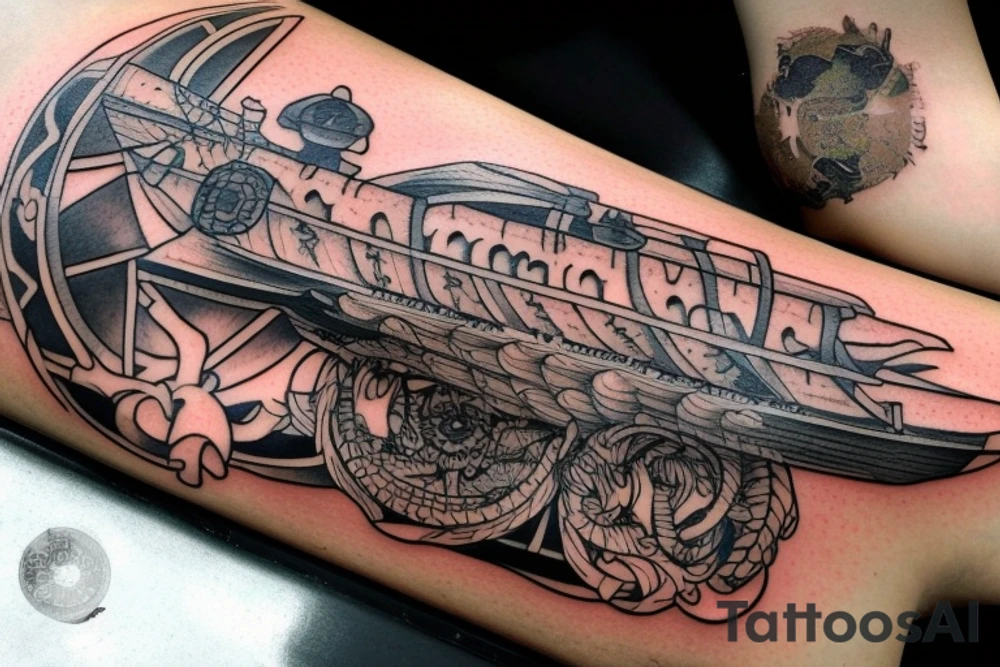Das Hauptelement des Tattoos ist ein detailliertes Vikingerschiff, das im Zentrum der Vorlage platziert ist. Das Schiff sollte stilisiert sein, mit geschwungenen Linien und Drachenköpfen am Bug. Es kann von Wellen umgeben sein, um eine gewisse Dynamik zu vermitteln.
Über dem Vikingerschiff befindet sich das Aegishjalmur-Symbol, auch bekannt als "Helm der Awe". Es ist ein kreisförmiges Symbol mit verzweigten Linien und Runen. Es sollte über dem Schiff schweben und einen starken, schützenden Eindruck vermitteln.
Darüber schwebt der Mjölnir, der Hammer des nordischen Gottes Thor. Der Mjölnir sollte kraftvoll und detailliert dargestellt werden, mit gravierten Runen oder Knotenmustern, um ihm zusätzliche Bedeutung zu verleihen.
Unterhalb des Vikingerschiffs und der Aegishjalmur-Symbolik befindet sich der Vegvisir, ein altes nordisches Kompasssymbol. Der Vegvisir sollte rund sein, mit verschiedenen ineinander verschachtelten Symbolen und Runen. Es soll eine Art Führung und Orientierung repräsentieren.
An den Seiten des Tattoos können stilisierte Zweige des Yggdrasil-Baums verlaufen, der die neun Welten der nordischen Mythologie verbindet. Die Zweige können miteinander verwoben sein und können zusätzliche Elemente wie Raben oder andere Tiere enthalten.
Schließlich kann das Wort "Wyrd" in stilisierter nordischer Schrift unterhalb des Tattoos platziert werden. "Wyrd" steht für das Schicksal oder den Verlauf des Lebens und symbolisiert den Glauben an das Schicksal in der nordischen Mythologie. tattoo idea