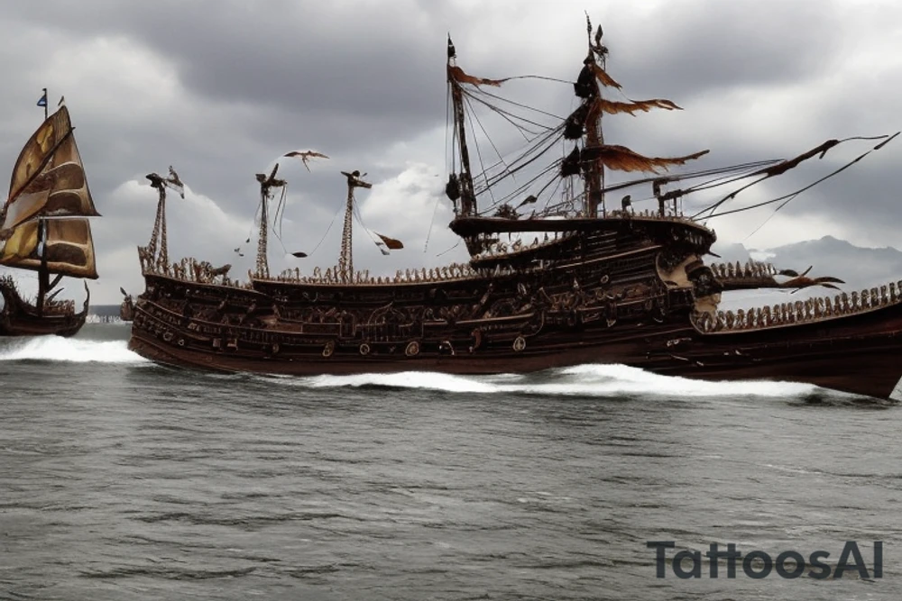 Das Hauptelement des Tattoos ist ein detailliertes Vikingerschiff, das im Zentrum der Vorlage platziert ist. Das Schiff sollte stilisiert sein, mit geschwungenen Linien und Drachenköpfen am Bug. Es kann von Wellen umgeben sein, um eine gewisse Dynamik zu vermitteln.
Über dem Vikingerschiff befindet sich das Aegishjalmur-Symbol, auch bekannt als "Helm der Awe". Es ist ein kreisförmiges Symbol mit verzweigten Linien und Runen. Es sollte über dem Schiff schweben und einen starken, schützenden Eindruck vermitteln.
Darüber schwebt der Mjölnir, der Hammer des nordischen Gottes Thor. Der Mjölnir sollte kraftvoll und detailliert dargestellt werden, mit gravierten Runen oder Knotenmustern, um ihm zusätzliche Bedeutung zu verleihen.
Unterhalb des Vikingerschiffs und der Aegishjalmur-Symbolik befindet sich der Vegvisir, ein altes nordisches Kompasssymbol. Der Vegvisir sollte rund sein, mit verschiedenen ineinander verschachtelten Symbolen und Runen. Es soll eine Art Führung und Orientierung repräsentieren.
An den Seiten des Tattoos können stilisierte Zweige des Yggdrasil-Baums verlaufen, der die neun Welten der nordischen Mythologie verbindet. Die Zweige können miteinander verwoben sein und können zusätzliche Elemente wie Raben oder andere Tiere enthalten.
Schließlich kann das Wort "Wyrd" in stilisierter nordischer Schrift unterhalb des Tattoos platziert werden. "Wyrd" steht für das Schicksal oder den Verlauf des Lebens und symbolisiert den Glauben an das Schicksal in der nordischen Mythologie. tattoo idea
