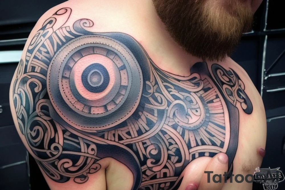 Das Hauptelement des Tattoos ist ein detailliertes Vikingerschiff, das im Zentrum der Vorlage platziert ist. Das Schiff sollte stilisiert sein, mit geschwungenen Linien und Drachenköpfen am Bug. Es kann von Wellen umgeben sein, um eine gewisse Dynamik zu vermitteln.
Über dem Vikingerschiff befindet sich das Aegishjalmur-Symbol, auch bekannt als "Helm der Awe". Es ist ein kreisförmiges Symbol mit verzweigten Linien und Runen. Es sollte über dem Schiff schweben und einen starken, schützenden Eindruck vermitteln.
Darüber schwebt der Mjölnir, der Hammer des nordischen Gottes Thor. Der Mjölnir sollte kraftvoll und detailliert dargestellt werden, mit gravierten Runen oder Knotenmustern, um ihm zusätzliche Bedeutung zu verleihen.
Unterhalb des Vikingerschiffs und der Aegishjalmur-Symbolik befindet sich der Vegvisir, ein altes nordisches Kompasssymbol. Der Vegvisir sollte rund sein, mit verschiedenen ineinander verschachtelten Symbolen und Runen. Es soll eine Art Führung und Orientierung repräsentieren.
An den Seiten des Tattoos können stilisierte Zweige des Yggdrasil-Baums verlaufen, der die neun Welten der nordischen Mythologie verbindet. Die Zweige können miteinander verwoben sein und können zusätzliche Elemente wie Raben oder andere Tiere enthalten.
Schließlich kann das Wort "Wyrd" in stilisierter nordischer Schrift unterhalb des Tattoos platziert werden. "Wyrd" steht für das Schicksal oder den Verlauf des Lebens und symbolisiert den Glauben an das Schicksal in der nordischen Mythologie. tattoo idea