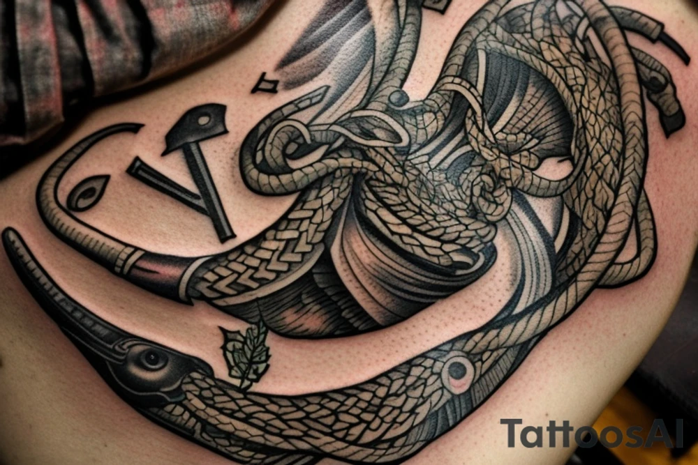 Das Hauptelement des Tattoos ist ein detailliertes Vikingerschiff, das im Zentrum der Vorlage platziert ist. Das Schiff sollte stilisiert sein, mit geschwungenen Linien und Drachenköpfen am Bug. Es kann von Wellen umgeben sein, um eine gewisse Dynamik zu vermitteln.
Über dem Vikingerschiff befindet sich das Aegishjalmur-Symbol, auch bekannt als "Helm der Awe". Es ist ein kreisförmiges Symbol mit verzweigten Linien und Runen. Es sollte über dem Schiff schweben und einen starken, schützenden Eindruck vermitteln.
Darüber schwebt der Mjölnir, der Hammer des nordischen Gottes Thor. Der Mjölnir sollte kraftvoll und detailliert dargestellt werden, mit gravierten Runen oder Knotenmustern, um ihm zusätzliche Bedeutung zu verleihen.
Unterhalb des Vikingerschiffs und der Aegishjalmur-Symbolik befindet sich der Vegvisir, ein altes nordisches Kompasssymbol. Der Vegvisir sollte rund sein, mit verschiedenen ineinander verschachtelten Symbolen und Runen. Es soll eine Art Führung und Orientierung repräsentieren.
An den Seiten des Tattoos können stilisierte Zweige des Yggdrasil-Baums verlaufen, der die neun Welten der nordischen Mythologie verbindet. Die Zweige können miteinander verwoben sein und können zusätzliche Elemente wie Raben oder andere Tiere enthalten.
Schließlich kann das Wort "Wyrd" in stilisierter nordischer Schrift unterhalb des Tattoos platziert werden. "Wyrd" steht für das Schicksal oder den Verlauf des Lebens und symbolisiert den Glauben an das Schicksal in der nordischen Mythologie. tattoo idea