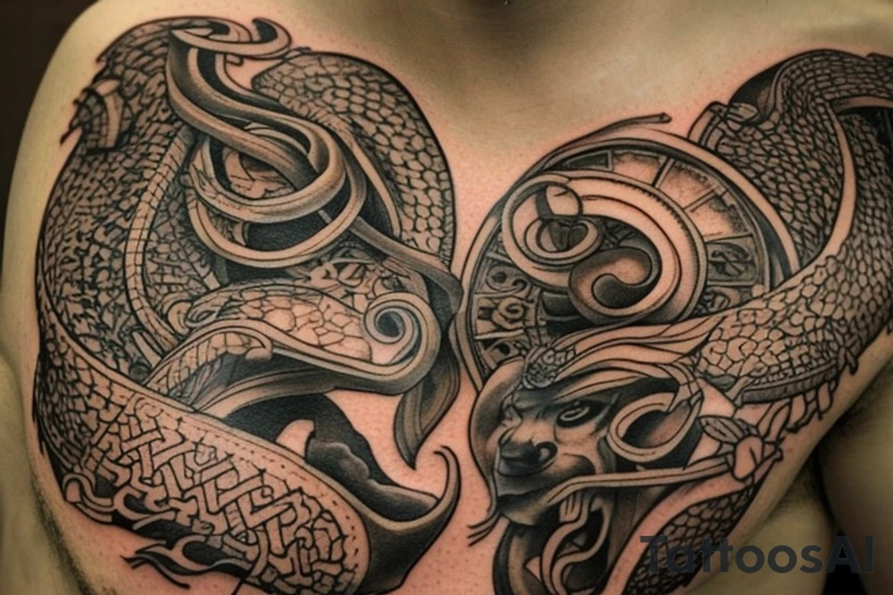 Das Hauptelement des Tattoos ist ein detailliertes Vikingerschiff, das im Zentrum der Vorlage platziert ist. Das Schiff sollte stilisiert sein, mit geschwungenen Linien und Drachenköpfen am Bug. Es kann von Wellen umgeben sein, um eine gewisse Dynamik zu vermitteln.
Über dem Vikingerschiff befindet sich das Aegishjalmur-Symbol, auch bekannt als "Helm der Awe". Es ist ein kreisförmiges Symbol mit verzweigten Linien und Runen. Es sollte über dem Schiff schweben und einen starken, schützenden Eindruck vermitteln.
Darüber schwebt der Mjölnir, der Hammer des nordischen Gottes Thor. Der Mjölnir sollte kraftvoll und detailliert dargestellt werden, mit gravierten Runen oder Knotenmustern, um ihm zusätzliche Bedeutung zu verleihen.
Unterhalb des Vikingerschiffs und der Aegishjalmur-Symbolik befindet sich der Vegvisir, ein altes nordisches Kompasssymbol. Der Vegvisir sollte rund sein, mit verschiedenen ineinander verschachtelten Symbolen und Runen. Es soll eine Art Führung und Orientierung repräsentieren.
An den Seiten des Tattoos können stilisierte Zweige des Yggdrasil-Baums verlaufen, der die neun Welten der nordischen Mythologie verbindet. Die Zweige können miteinander verwoben sein und können zusätzliche Elemente wie Raben oder andere Tiere enthalten.
Schließlich kann das Wort "Wyrd" in stilisierter nordischer Schrift unterhalb des Tattoos platziert werden. "Wyrd" steht für das Schicksal oder den Verlauf des Lebens und symbolisiert den Glauben an das Schicksal in der nordischen Mythologie. tattoo idea
