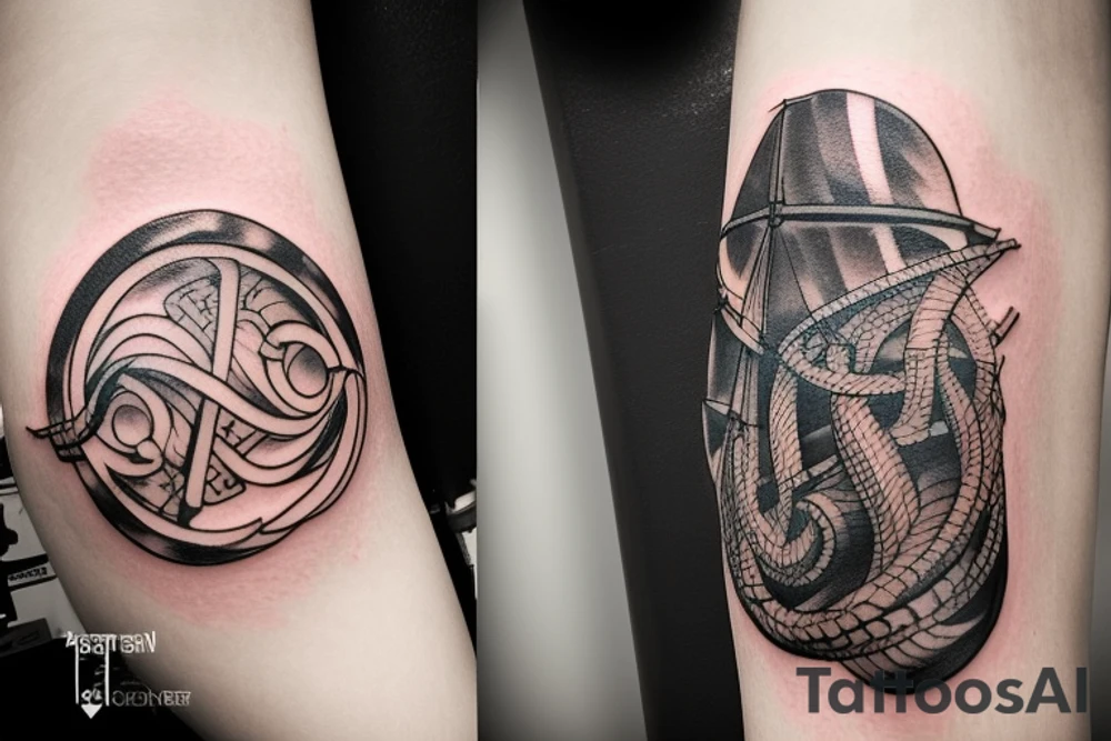 Erstelle ein Tattoo mit einem detaillierten, stilisierten Vikingerschiff im Zentrum der Vorlage. Das Schiff sollte geschwungene Linien und Drachenköpfe am Bug haben und von Wellen umgeben sein, um eine dynamische Wirkung zu erzielen. Über dem Schiff sollte das Aegishjalmur-Symbol schweben, ein kreisförmiges Symbol mit verzweigten Linien und Runen, das einen starken, schützenden Eindruck vermittelt.

Darüber sollte der Mjölnir, der Hammer des nordischen Gottes Thor, kraftvoll und detailliert dargestellt werden, mit gravierten Runen oder Knotenmustern, um ihm zusätzliche Bedeutung zu verleihen. Unterhalb des Vikingerschiffs und der Aegishjalmur-Symbolik sollte der Vegvisir platziert werden, ein altes nordisches Kompasssymbol, das rund sein sollte und verschiedene ineinander verschachtelte Symbole und Runen enthalten kann, um eine Art Führung und Orientierung zu repräsentieren.

An den Seiten des Tattoos können stilisierte Zweige des Yggdrasil-Baums verlaufen, der die neun Welten der nordischen Mythologie verbindet. Die Zweige können miteinander verwoben sein und zusätzliche Elemente wie Raben oder andere Tiere enthalten. Schließlich sollte das Wort "Wyrd" in stilisierter nordischer Schrift unterhalb des Tattoos platziert werden, um das Schicksal oder den Verlauf des Lebens zu symbolisieren und den Glauben an das Schicksal in der nordischen Mythologie zu repräsentieren. tattoo idea